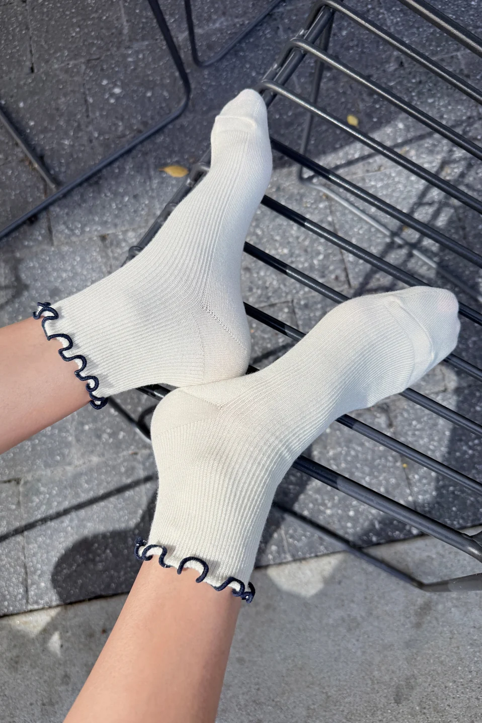 The Petite Ruffled Modal Socks in Soft White / Navy - Image 2