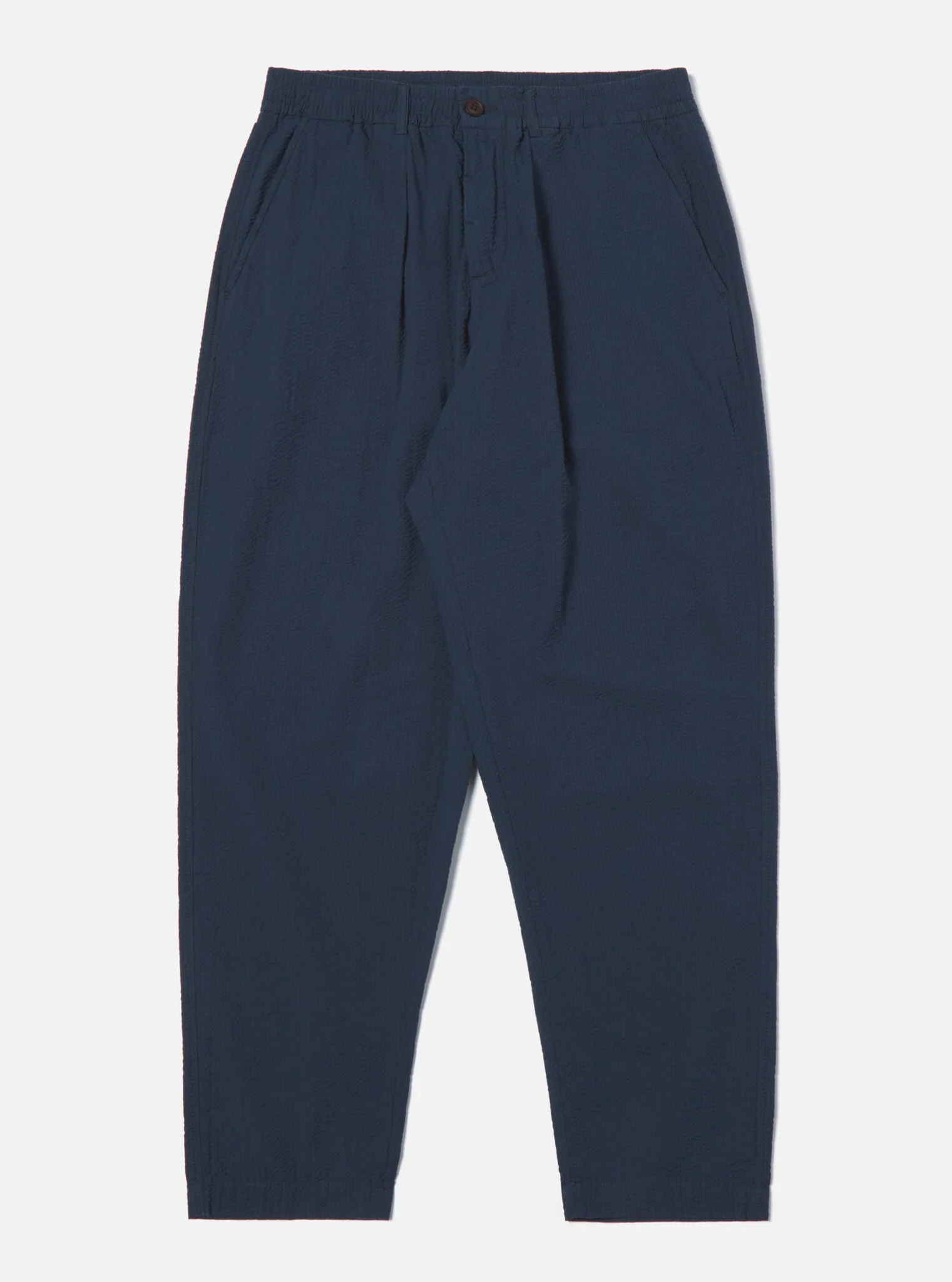 Pleated Track Pant in Navy Cotton Seersucker - Image 5
