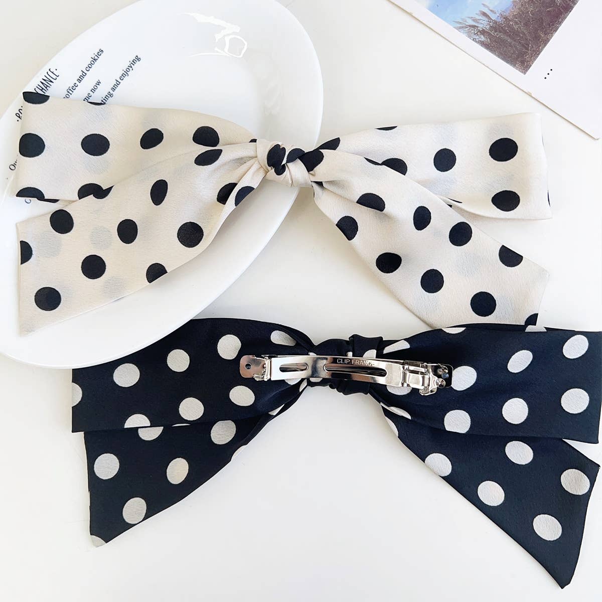 Polka Dot Ribbon Barrette Clip in White - Image 2