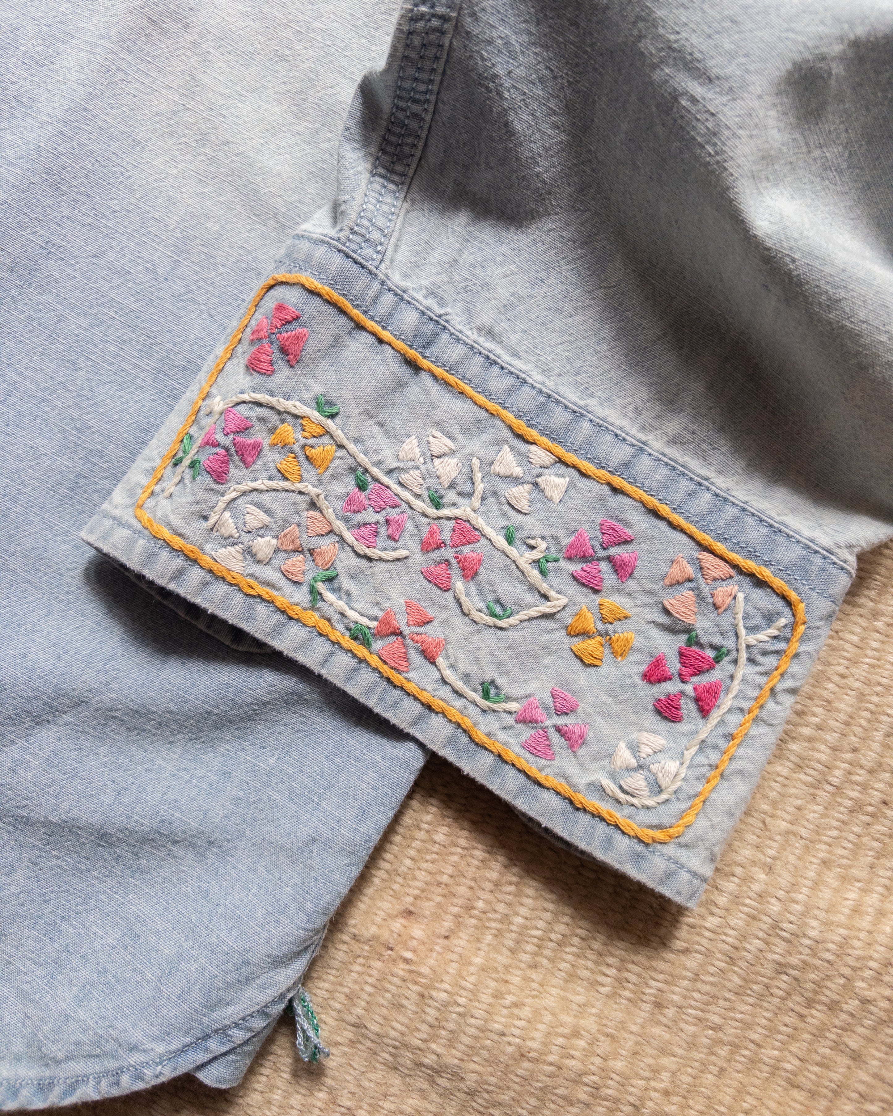 Embroidered Chambray Workshirt in Sunfaded Indigo - Image 3