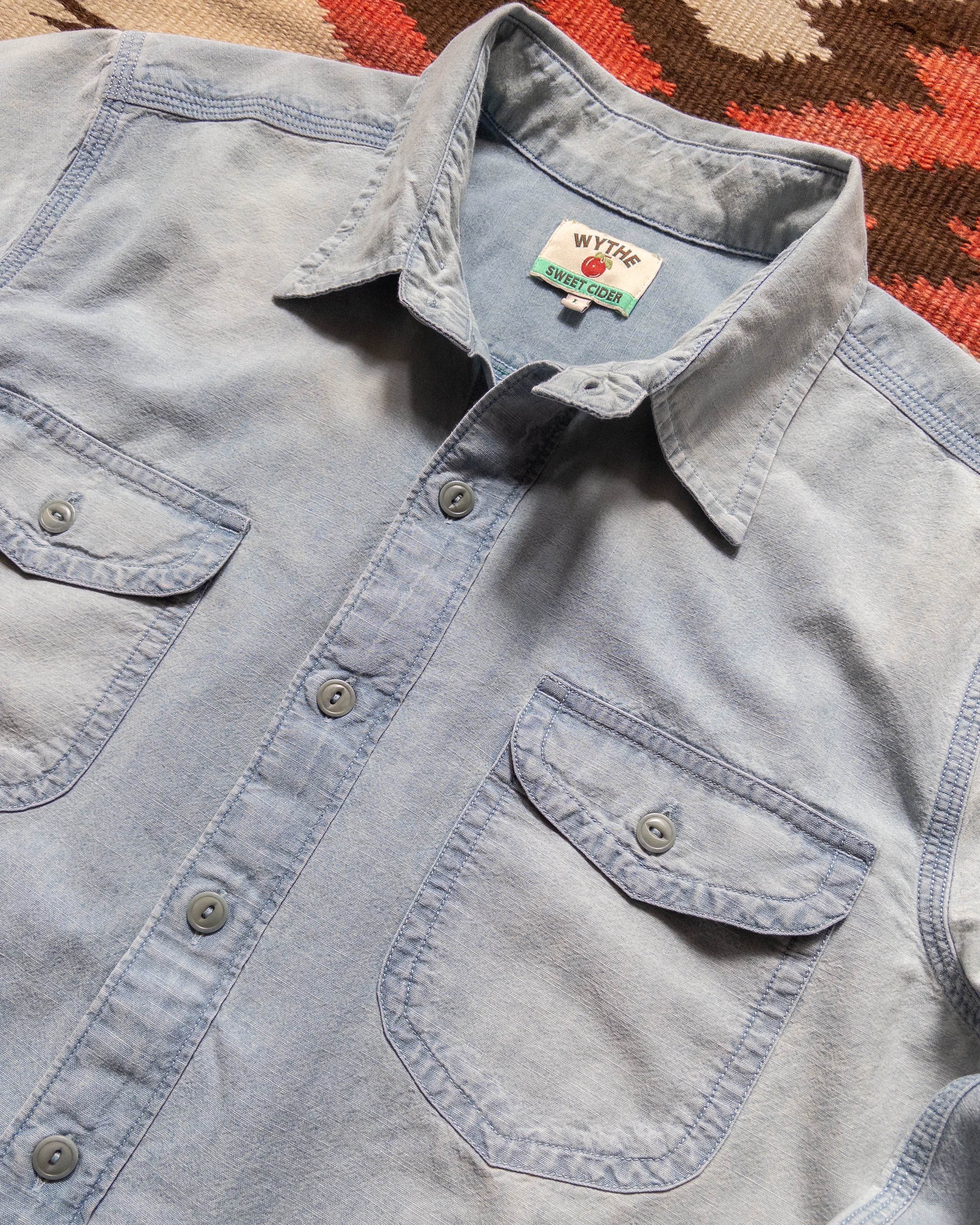 Embroidered Chambray Workshirt in Sunfaded Indigo - Image 4